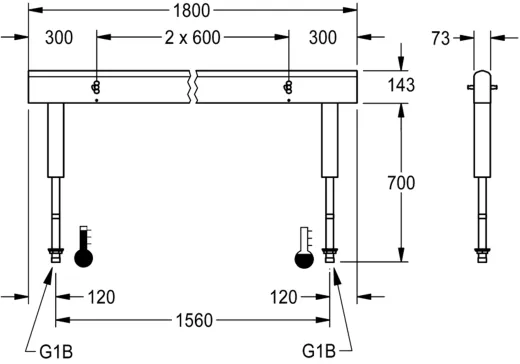 KWC PROFESSIONAL Armatureneinheit AQFU0231 fr doppelreihige Waschanlagen fr 6 Waschpltze Breite Waschplatz 600mm (Lnge 1800mm)