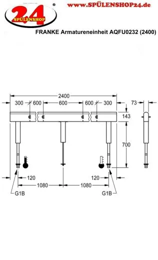 KWC PROFESSIONAL Armatureneinheit AQFU0232 fr doppelreihige Waschanlagen fr 8 Waschpltze Breite Waschplatz 600mm (Lnge 2400mm)