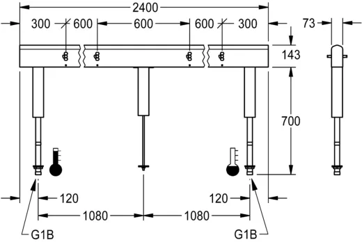 KWC PROFESSIONAL Armatureneinheit AQFU0232 fr doppelreihige Waschanlagen fr 8 Waschpltze Breite Waschplatz 600mm (Lnge 2400mm)