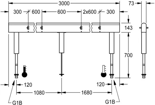 KWC PROFESSIONAL Armatureneinheit AQFU0233 fr doppelreihige Waschanlagen fr 10 Waschpltze Breite Waschplatz 600mm (Lnge 3000mm)