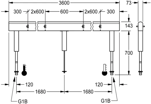 KWC PROFESSIONAL Armatureneinheit AQFU0234 fr doppelreihige Waschanlagen fr 12 Waschpltze Breite Waschplatz 600mm (Lnge 3600mm)