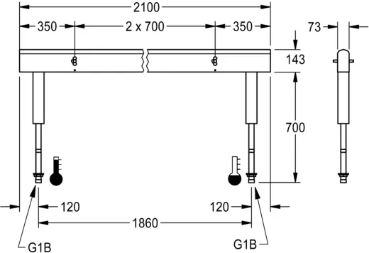 KWC PROFESSIONAL Armatureneinheit AQFU0236 fr doppelreihige Waschanlagen fr 6 Waschpltze Breite Waschplatz 700mm (Lnge 2100mm)