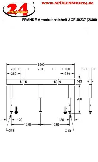 KWC PROFESSIONAL Armatureneinheit AQFU0237 fr doppelreihige Waschanlagen fr 8 Waschpltze Breite Waschplatz 700mm (Lnge 2800mm)