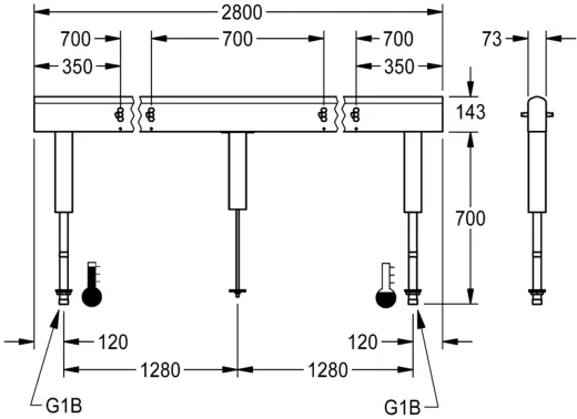 KWC PROFESSIONAL Armatureneinheit AQFU0237 fr doppelreihige Waschanlagen fr 8 Waschpltze Breite Waschplatz 700mm (Lnge 2800mm)