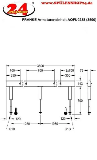 KWC PROFESSIONAL Armatureneinheit AQFU0238 fr doppelreihige Waschanlagen fr 10 Waschpltze Breite Waschplatz 700mm (Lnge 3500mm)