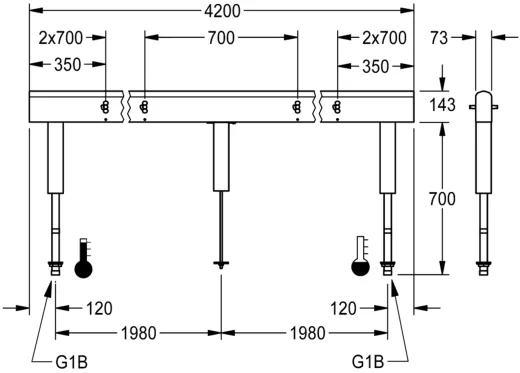 KWC PROFESSIONAL Armatureneinheit AQFU0239 fr doppelreihige Waschanlagen fr 12 Waschpltze Breite Waschplatz 700mm (Lnge 4200mm)