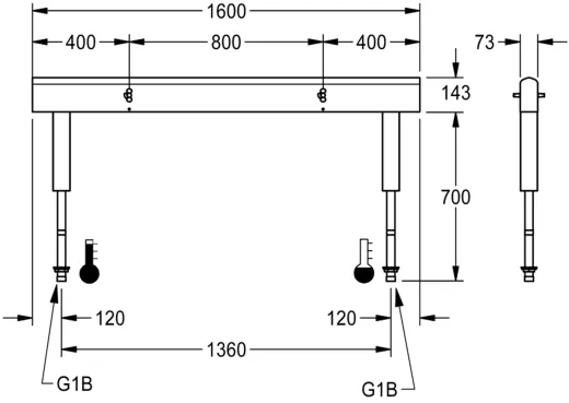 KWC PROFESSIONAL Armatureneinheit AQFU0240 fr doppelreihige Waschanlagen fr 4 Waschpltze Breite Waschplatz 800mm (Lnge 1600mm)