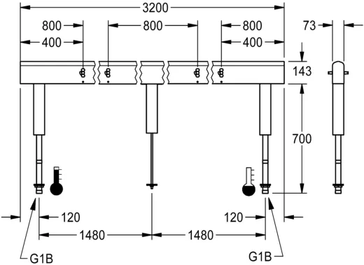 KWC PROFESSIONAL Armatureneinheit AQFU0242 fr doppelreihige Waschanlagen fr 8 Waschpltze Breite Waschplatz 800mm (Lnge 3200mm)