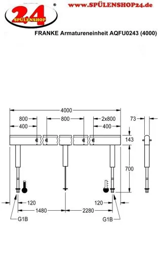 KWC PROFESSIONAL Armatureneinheit AQFU0243 fr doppelreihige Waschanlagen fr 10 Waschpltze Breite Waschplatz 800mm (Lnge 4000mm)