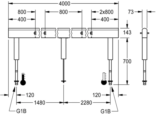KWC PROFESSIONAL Armatureneinheit AQFU0243 fr doppelreihige Waschanlagen fr 10 Waschpltze Breite Waschplatz 800mm (Lnge 4000mm)