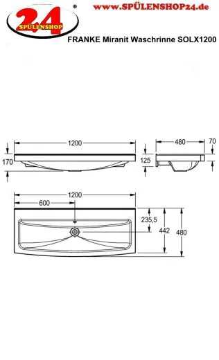 FRANKE MIRANIT Waschrinne SOLX1200 fr Wandmontage ohne Armaturenbohrung fr 2 Waschpltze (1200mm)