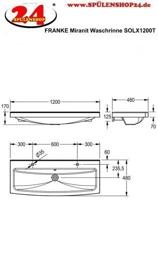 FRANKE MIRANIT Waschrinne SOLX1200T fr Wandmontage mit 2 Armaturenbohrungen fr 2 Waschpltze (1200mm)