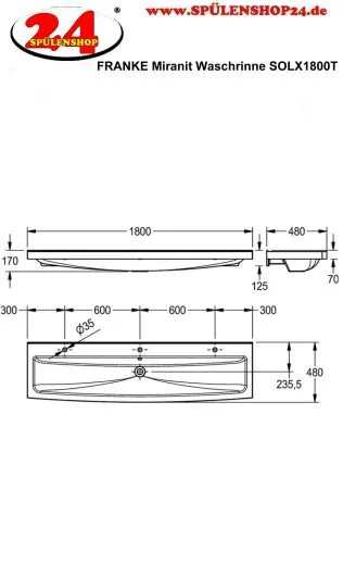 KWC PROFESSIONAL MIRANIT Waschrinne SOLX1800T fr Wandmontage mit 3 Armaturenbohrungen fr 3 Waschpltze (1800mm)