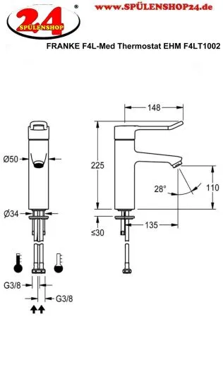 KWC PROFESSIONAL F4L-Med Therm Thermostat Einhebel-Standbatterie F4LT1002 Barrierefrei DN 15 im Gesundheitswesen oder Pflegebereich