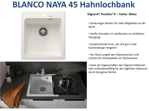 BLANCO Kchensple Naya 45 Silgranit PuraDurII Granitsple / Einbausple mit Handbettigung