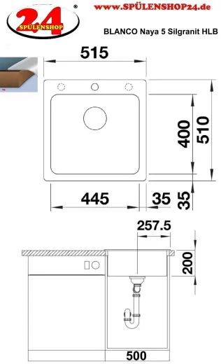 BLANCO Kchensple Naya 5 Silgranit PuraDurII Granitsple / Einbausple mit Handbettigung