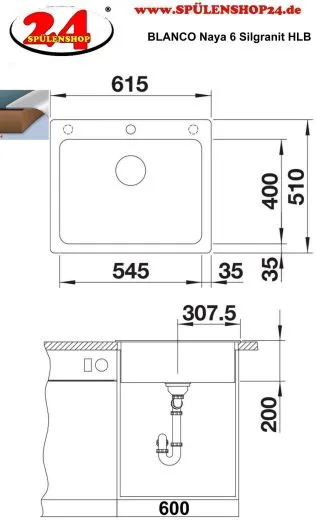 BLANCO Kchensple Naya 6 Silgranit PuraDurII Granitsple / Einbausple mit Handbettigung
