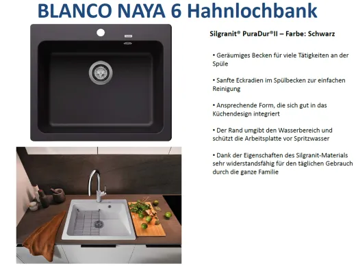 BLANCO Kchensple Naya 6 Silgranit PuraDurII Granitsple / Einbausple mit Handbettigung
