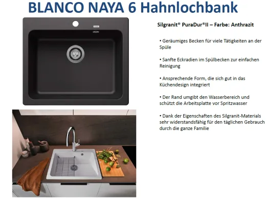 BLANCO Kchensple Naya 6 Silgranit PuraDurII Granitsple / Einbausple mit Handbettigung