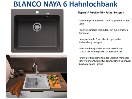 BLANCO Kchensple Naya 6 Silgranit PuraDurII Granitsple / Einbausple mit Handbettigung