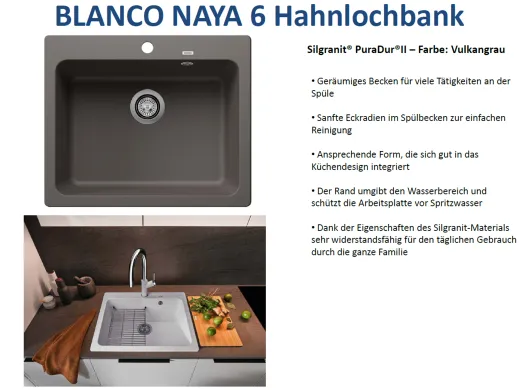 BLANCO Kchensple Naya 6 Silgranit PuraDurII Granitsple / Einbausple mit Handbettigung