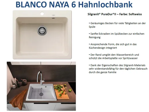 BLANCO Kchensple Naya 6 Silgranit PuraDurII Granitsple / Einbausple mit Handbettigung