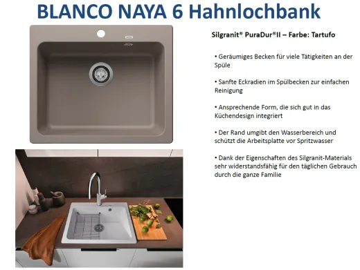 BLANCO Kchensple Naya 6 Silgranit PuraDurII Granitsple / Einbausple mit Handbettigung