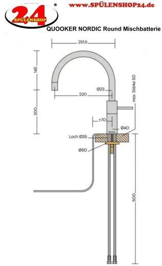 QUOOKER NORDIC Round Kchenarmatur Voll Edelstahl Einhebelmischer / Spltischarmatur mit Festauslauf 360 schwenkbarer Auslauf (NMRSST)