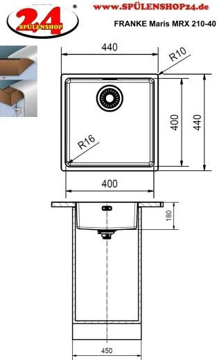 FRANKE Kchensple Maris MRX 210-40 Edelstahlsple Slimtop / Flchenbndig mit Siebkorb als Drehknopfventil