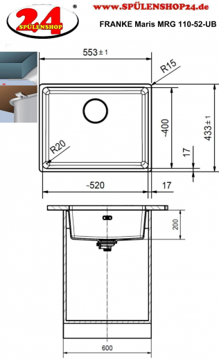 FRANKE Kchensple Maris MRG 110-52 Fragranit+ Granitsple Unterbau (Montage unter die Arbeitsplatte) mit Siebkorb als Druckknopfventil
