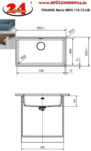 FRANKE Kchensple Maris MRG 110-72 Fragranit+ Granitsple Unterbau (Montage unter die Arbeitsplatte) mit Siebkorb als Stopfenventil