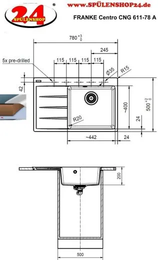 FRANKE Kchensple Centro CNG 611-78A Fragranit+ Einbausple / Granitsple mit Siebkorb als Drehknopfventil