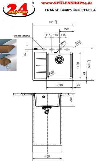 FRANKE Kchensple Centro CNG 611-62A Fragranit+ Einbausple / Granitsple mit Siebkorb als Drehknopfventil