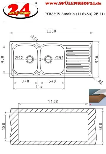 PYRAMIS Kchensple Amaltia (116x50) 2B 1D Einbausple / Doppelsple Siebkorb als Drehknopfventil