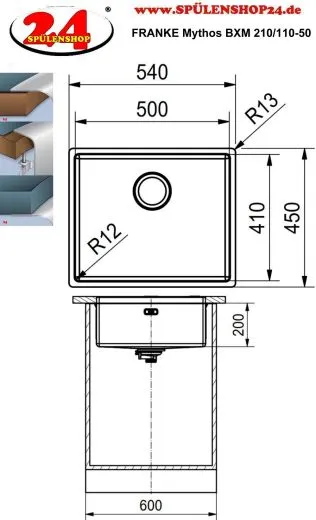 FRANKE Design K�chensp�le Mythos Masterpiece BXM 210/110-50 Edelstahlsp�le Anthracite F-INOX 3 in 1 Siebkorb als Druckknopfventil