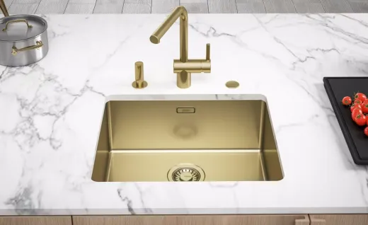 FRANKE Design K�chensp�le Mythos Masterpiece BXM 210/110-50 Edelstahlsp�le Gold F-INOX 3 in 1 Siebkorb als Druckknopfventil