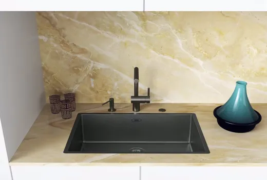 FRANKE Design K�chensp�le Mythos Masterpiece BXM 210/110-68 Edelstahlsp�le Anthracite F-INOX 3 in 1 Siebkorb als Druckknopfventil
