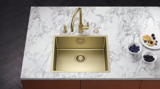 FRANKE Design K�chensp�le Mythos Masterpiece BXM 210/110-68 Edelstahlsp�le Gold F-INOX 3 in 1 Siebkorb als Druckknopfventil