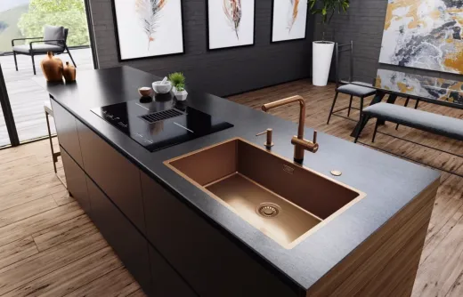 FRANKE Design K�chensp�le Mythos Masterpiece BXM 210/110-68 Edelstahlsp�le Copper F-INOX 3 in 1 Siebkorb als Druckknopfventil