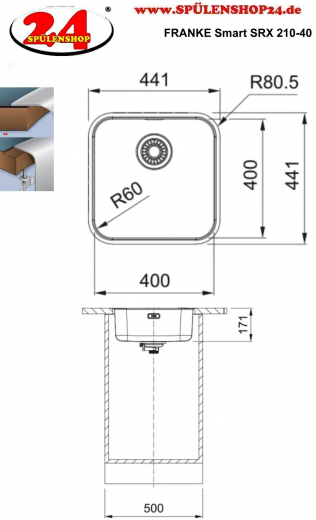 FRANKE Kchensple Smart SRX 210-40 Edelstahlsple Slimtop / Flchenbndig mit Siebkorb als Drehknopfventil