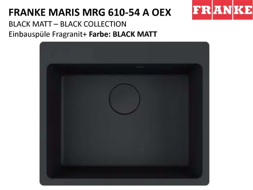 FRANKE Kchensple Maris MRG 610-54 A HLB Fragranit+ Granitsple Black Matt - Black Collection Einbausple mit Siebkorb als Stopfenventil