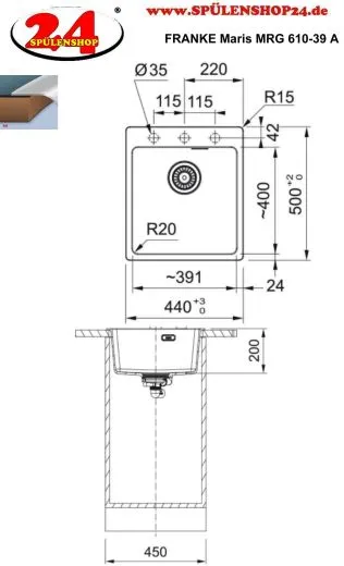 FRANKE Kchensple Maris MRG 610-39 A HLB Fragranit+ Granitsple / Einbausple mit Siebkorb als Druckknopfventil