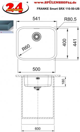 FRANKE Kchensple Smart SRX 110-50 Unterbausple (Montage unter die Arbeitsplatte) mit Siebkorb als Stopfenventil