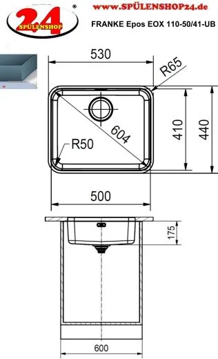 FRANKE Kchensple Epos EOX 110-50/41 Unterbausple (Montage unter die Arbeitsplatte) mit Integralablauf und Siebkorb als Druckknopfventil
