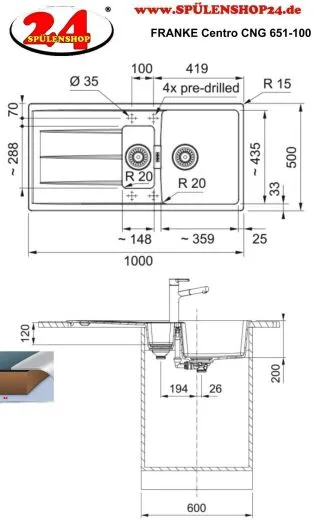 FRANKE Kchensple Centro CNG 651-100 Fragranit+ Einbausple / Granitsple mit Siebkorb als Drehknopfventil