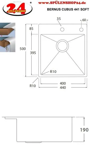 BERNUS Kchensple Cubus 441 SOFT Edelstahlsple Flachrand / Flchenbndig mit Hahnlochbank und Siebkorb als Drehknopfventil