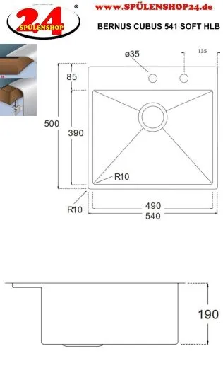 BERNUS Kchensple Cubus 541 SOFT Edelstahlsple Flachrand / Flchenbndig mit Hahnlochbank und Siebkorb als Drehknopfventil