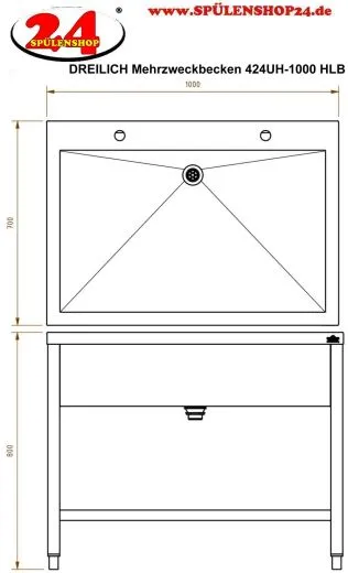 DREILICH Arbeits-/ Mehrzweckbecken 424UH-1000 mit Untergestell und Hahnlochbank Lnge 1000mm (3504180086)