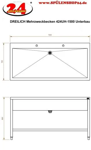 DREILICH Arbeits-/ Mehrzweckbecken 424UH-1500 mit Untergestell und Hahnlochbank Lnge 1500mm (3504180088)