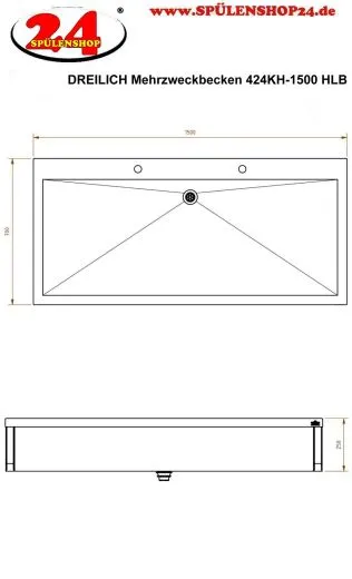 DREILICH Arbeits-/ Mehrzweckbecken 424KH-1500 mit Hahnlochbank wandhngend gekantetes und geschweites Becken Lnge 1500mm (3504180084)